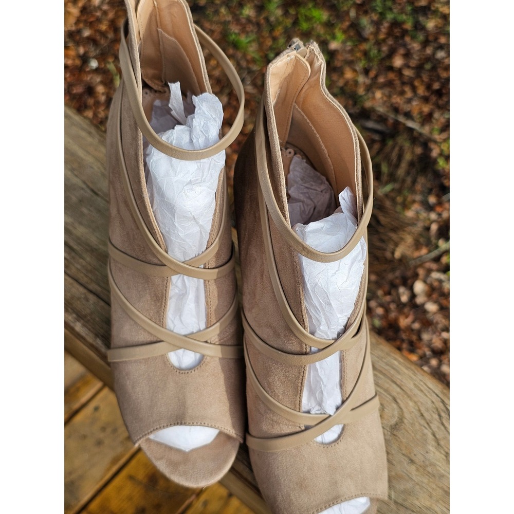 Taupe Faux Suede Strappy Peep Toe Stiletto Ankle Booties Heel Size 10 - Picture 8 of 8
